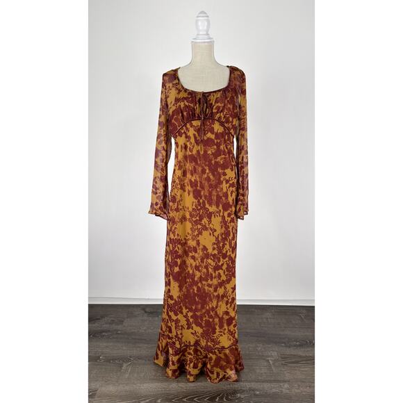 ASOS Ruched Bust Long Sleeve Maxi Dress Womens Size 14 Orange Abstract New - Picture 4 of 16